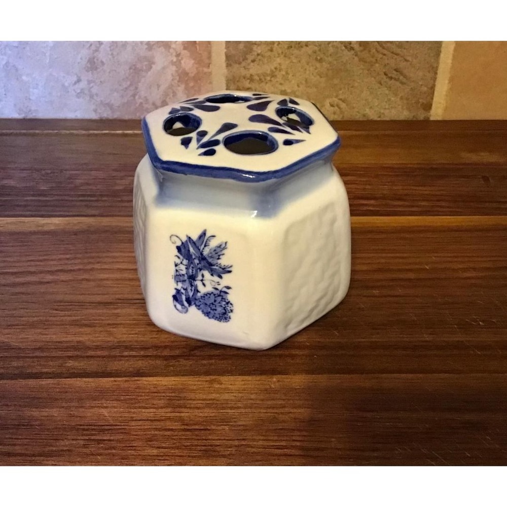 Vtg Cobalt Blue Porcelain Toothbrush Holder 4 Hole Hexagonal Rustic Cottagecore